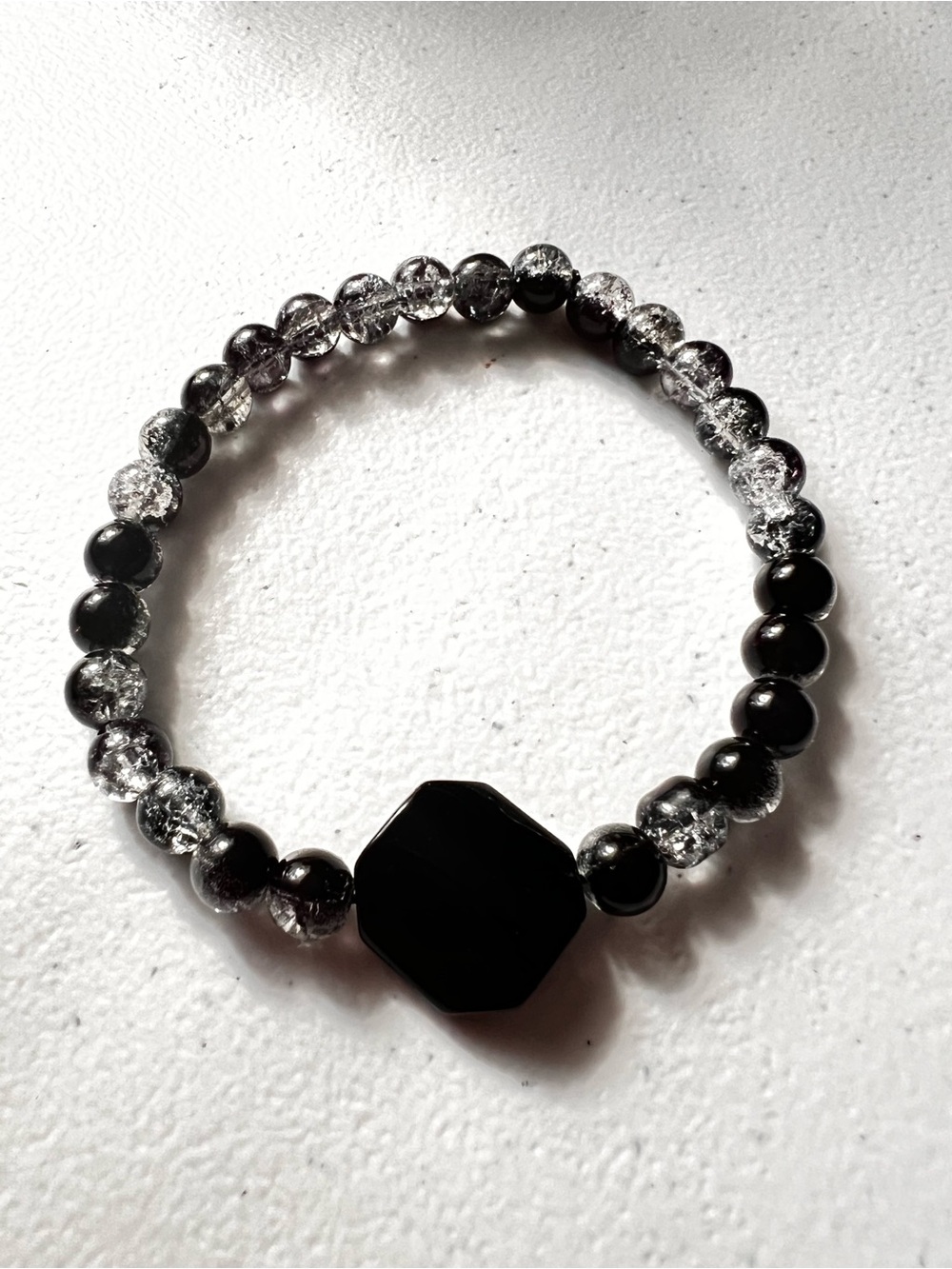 Black & Clear Beaded Stretch Bracelet with Octagon Accent